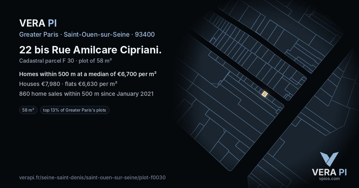 22 bis Rue Amilcare Cipriani, Saint-Ouen-sur-Seine at night – the plot lit, the parcels around coloured by the prices near them