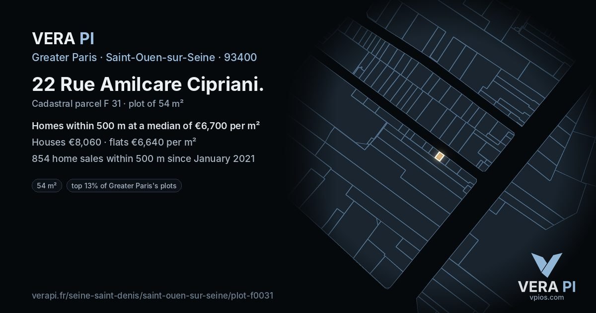 22 Rue Amilcare Cipriani, Saint-Ouen-sur-Seine at night – the plot lit, the parcels around coloured by the prices near them