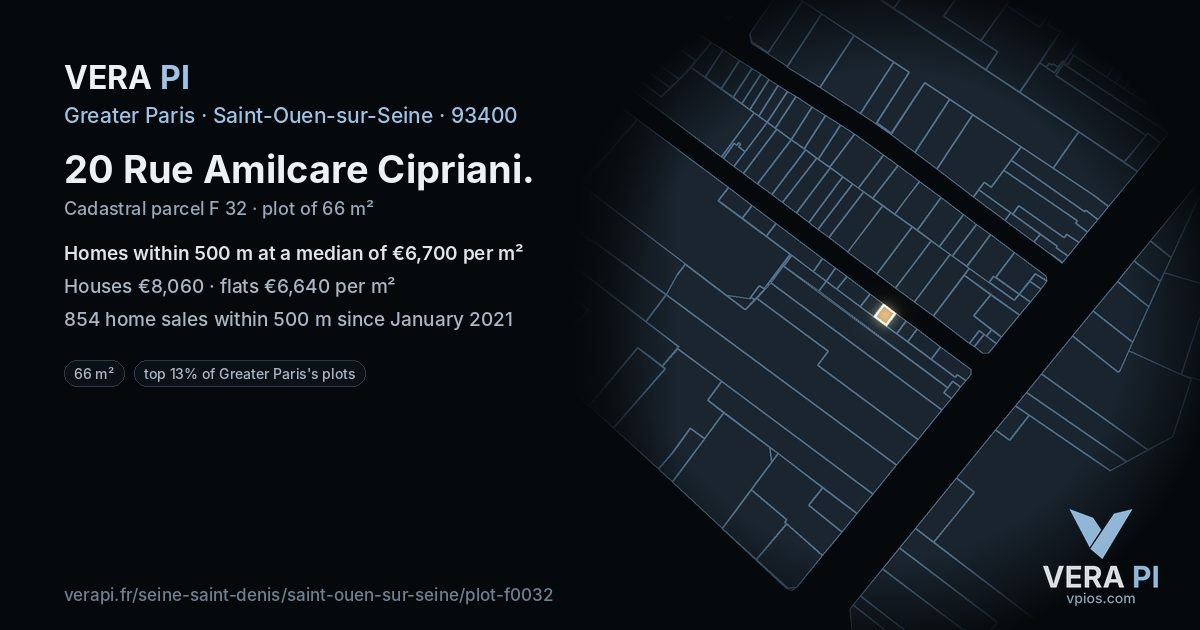 20 Rue Amilcare Cipriani, Saint-Ouen-sur-Seine at night – the plot lit, the parcels around coloured by the prices near them