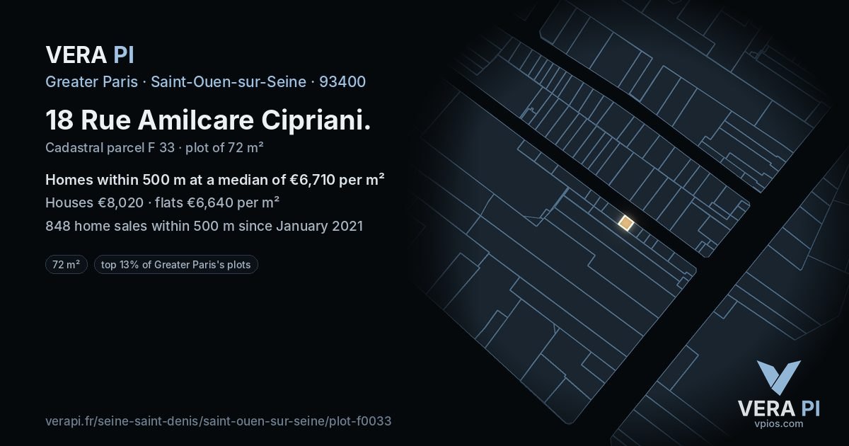 18 Rue Amilcare Cipriani, Saint-Ouen-sur-Seine at night – the plot lit, the parcels around coloured by the prices near them