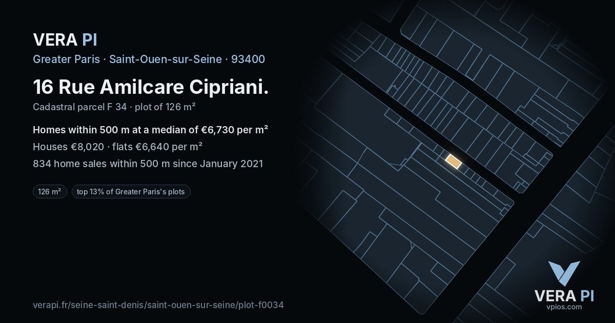 16 Rue Amilcare Cipriani, Saint-Ouen-sur-Seine at night – the plot lit, the parcels around coloured by the prices near them