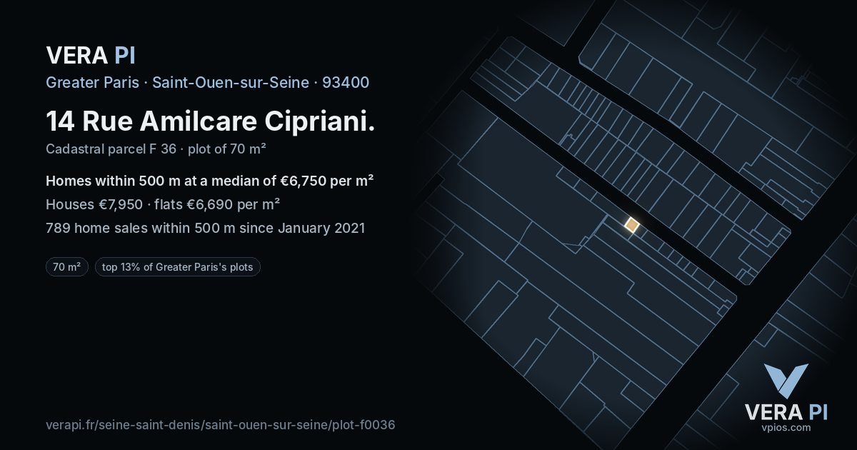 14 Rue Amilcare Cipriani, Saint-Ouen-sur-Seine at night – the plot lit, the parcels around coloured by the prices near them