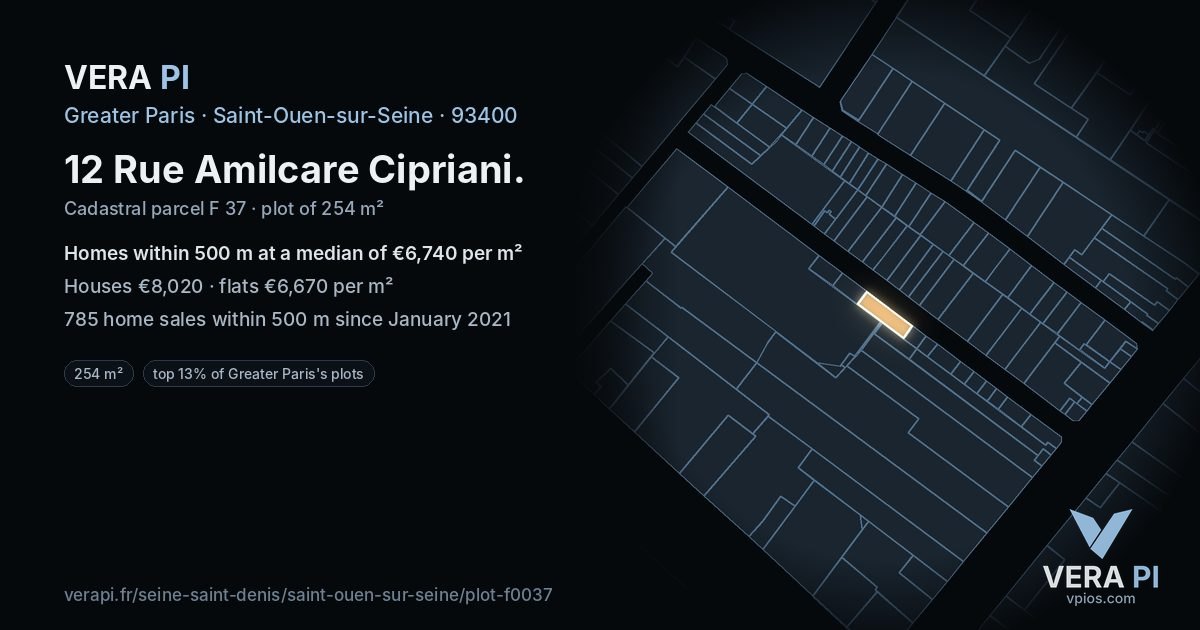 12 Rue Amilcare Cipriani, Saint-Ouen-sur-Seine at night – the plot lit, the parcels around coloured by the prices near them