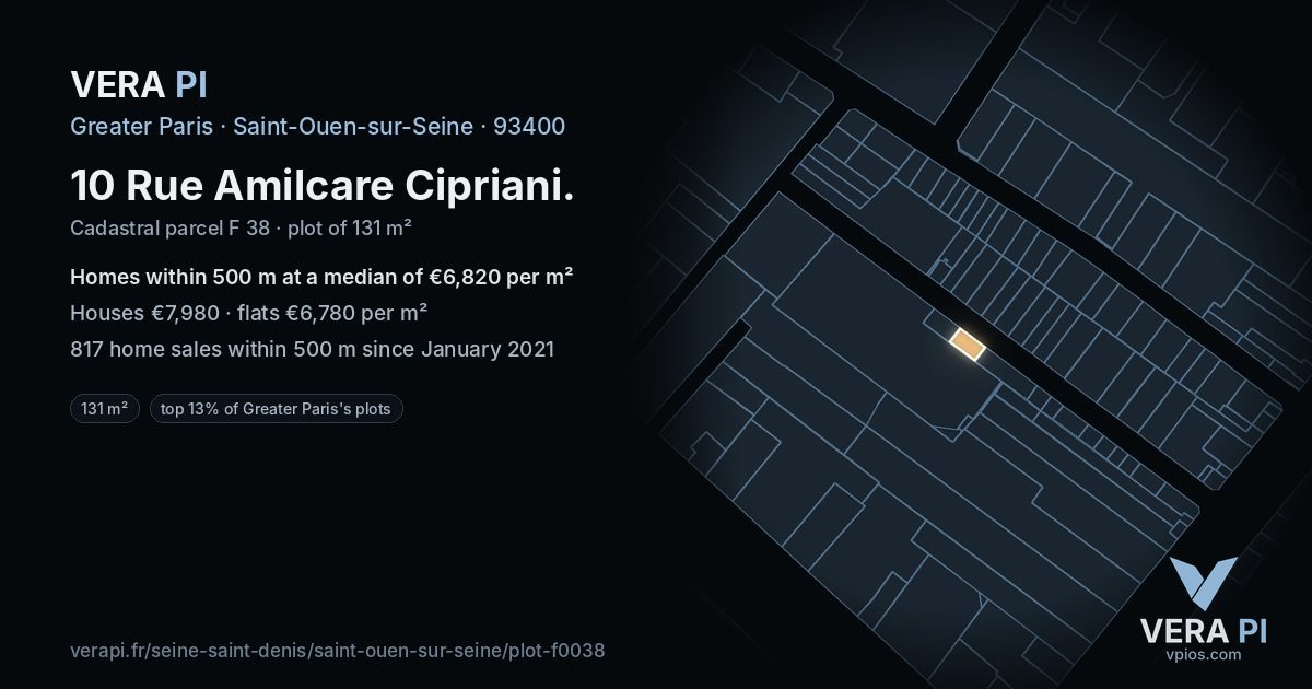 10 Rue Amilcare Cipriani, Saint-Ouen-sur-Seine at night – the plot lit, the parcels around coloured by the prices near them