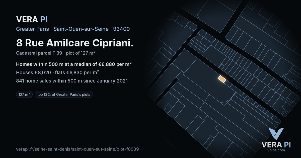 8 Rue Amilcare Cipriani, Saint-Ouen-sur-Seine at night – the plot lit, the parcels around coloured by the prices near them