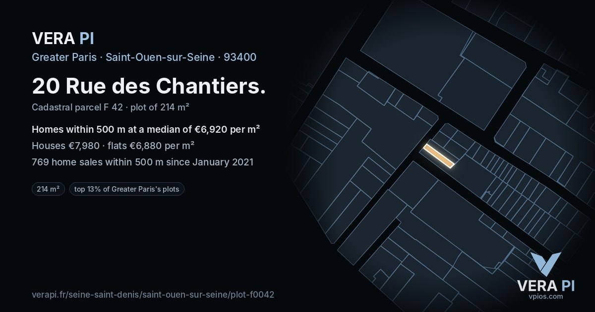 20 Rue des Chantiers, Saint-Ouen-sur-Seine at night – the plot lit, the parcels around coloured by the prices near them