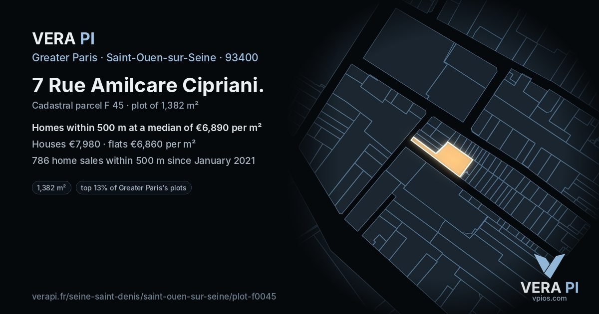 7 Rue Amilcare Cipriani, Saint-Ouen-sur-Seine at night – the plot lit, the parcels around coloured by the prices near them