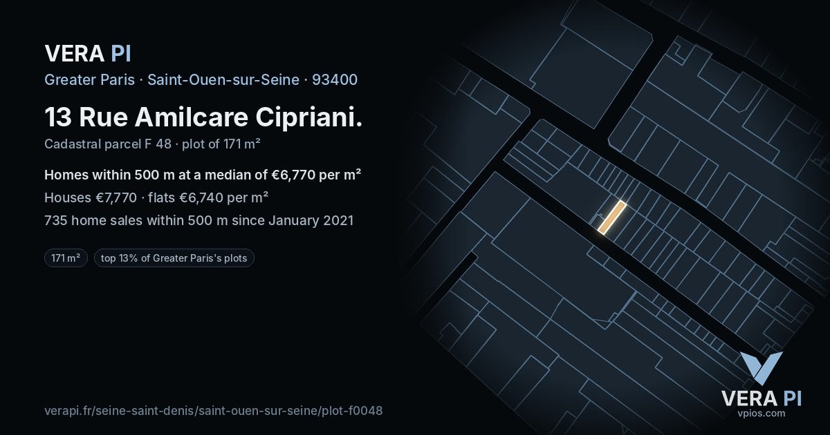 13 Rue Amilcare Cipriani, Saint-Ouen-sur-Seine at night – the plot lit, the parcels around coloured by the prices near them