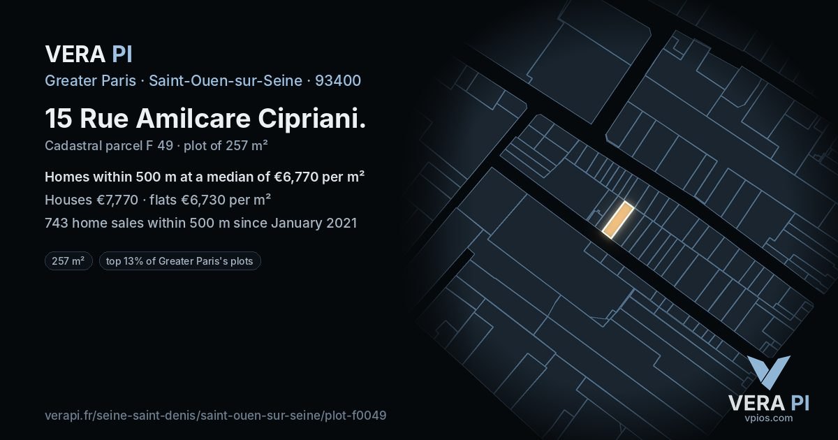 15 Rue Amilcare Cipriani, Saint-Ouen-sur-Seine at night – the plot lit, the parcels around coloured by the prices near them