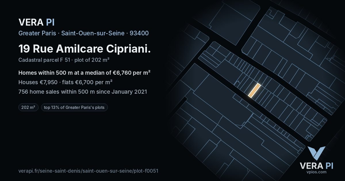19 Rue Amilcare Cipriani, Saint-Ouen-sur-Seine at night – the plot lit, the parcels around coloured by the prices near them