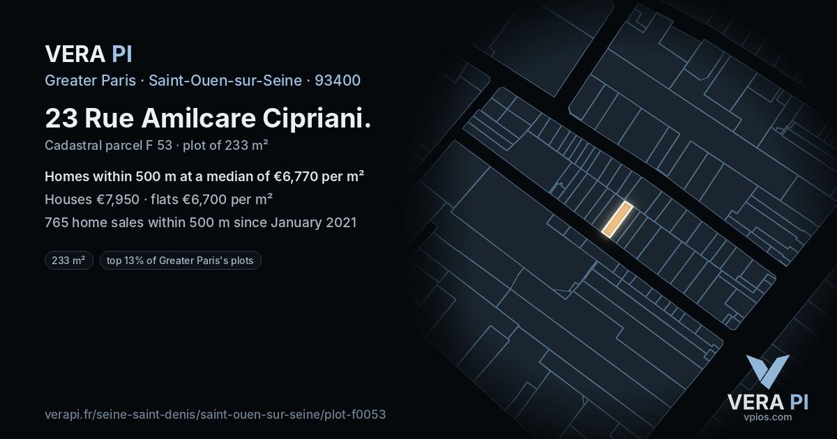 23 Rue Amilcare Cipriani, Saint-Ouen-sur-Seine at night – the plot lit, the parcels around coloured by the prices near them