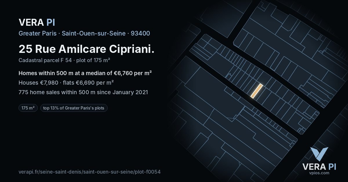 25 Rue Amilcare Cipriani, Saint-Ouen-sur-Seine at night – the plot lit, the parcels around coloured by the prices near them