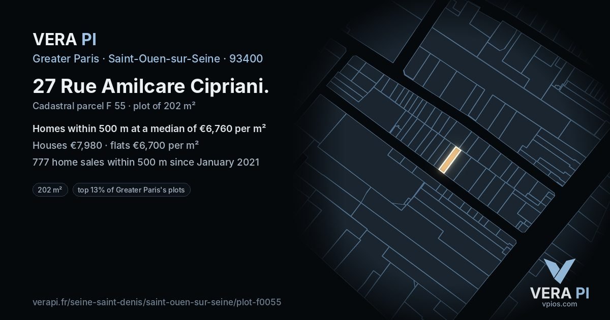 27 Rue Amilcare Cipriani, Saint-Ouen-sur-Seine at night – the plot lit, the parcels around coloured by the prices near them