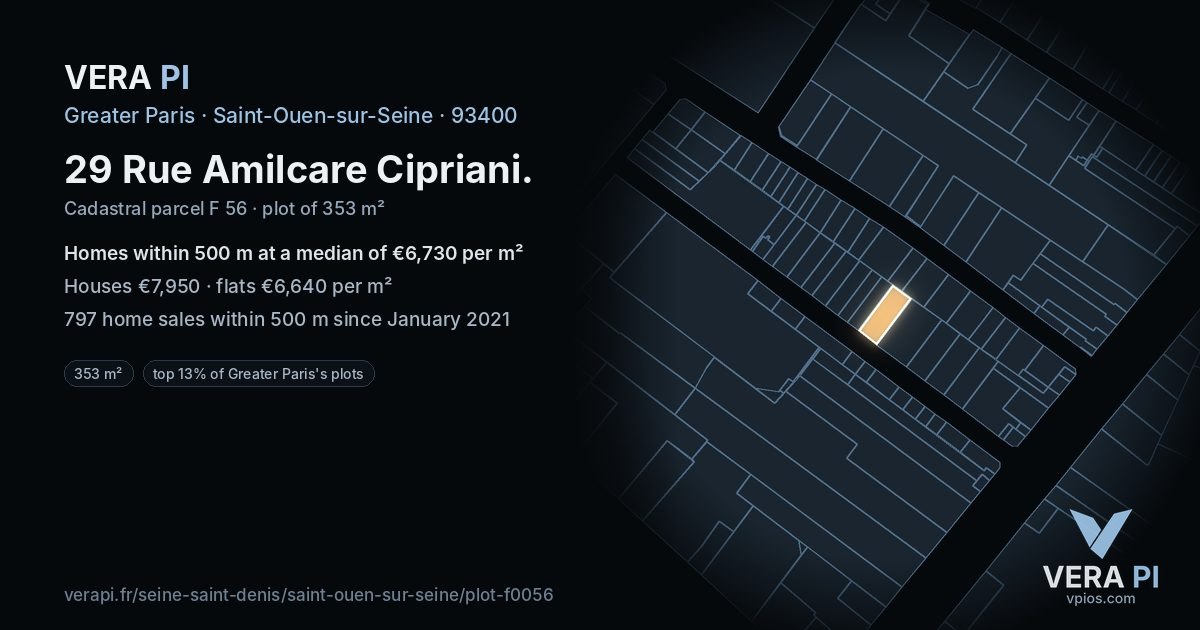 29 Rue Amilcare Cipriani, Saint-Ouen-sur-Seine at night – the plot lit, the parcels around coloured by the prices near them