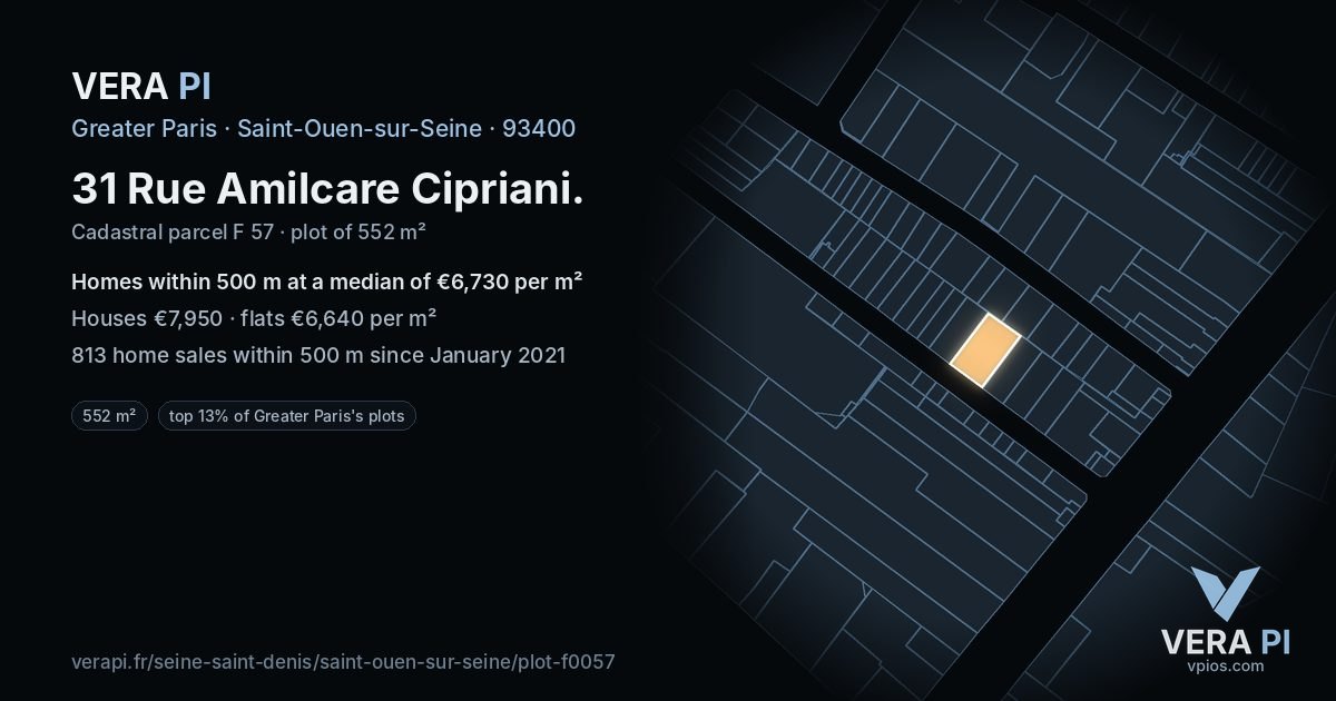 31 Rue Amilcare Cipriani, Saint-Ouen-sur-Seine at night – the plot lit, the parcels around coloured by the prices near them