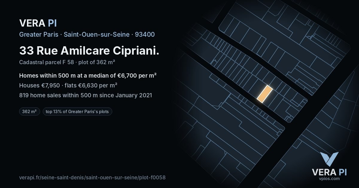 33 Rue Amilcare Cipriani, Saint-Ouen-sur-Seine at night – the plot lit, the parcels around coloured by the prices near them