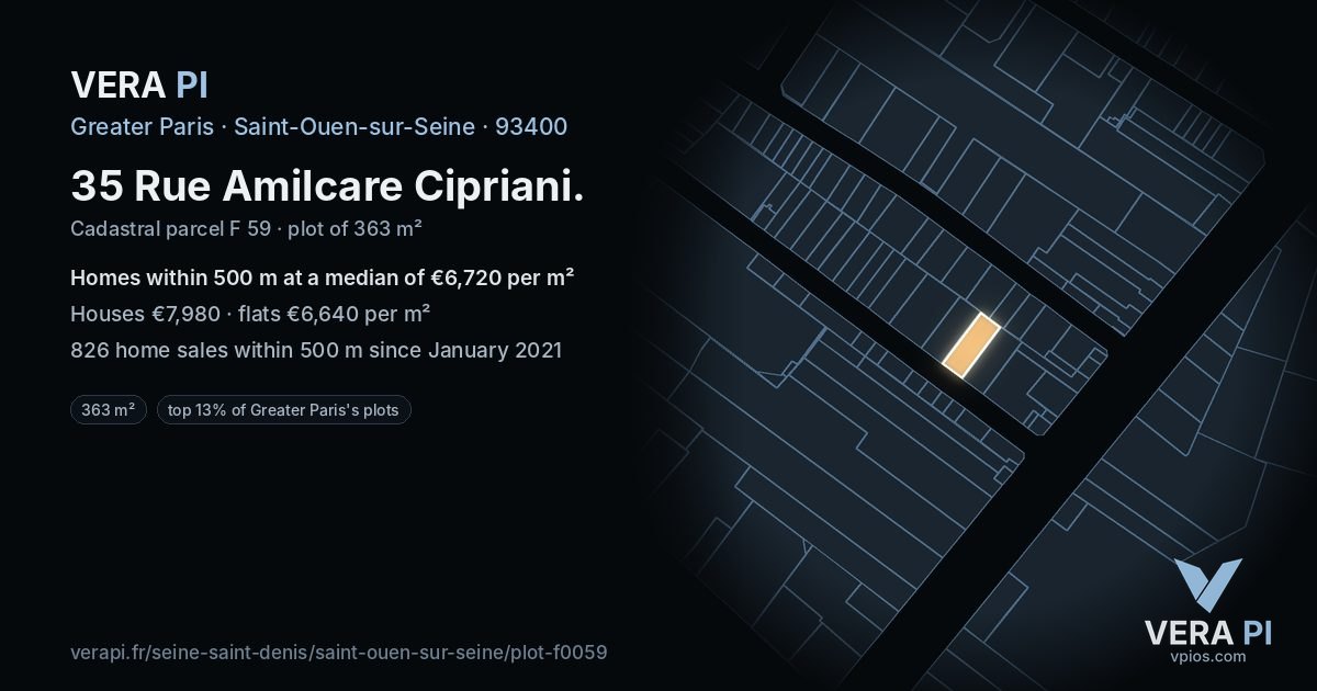 35 Rue Amilcare Cipriani, Saint-Ouen-sur-Seine at night – the plot lit, the parcels around coloured by the prices near them