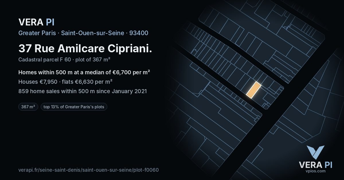 37 Rue Amilcare Cipriani, Saint-Ouen-sur-Seine at night – the plot lit, the parcels around coloured by the prices near them