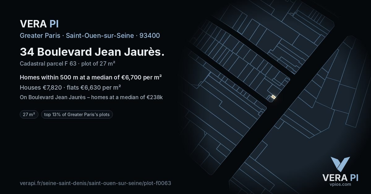 34 Boulevard Jean Jaurès, Saint-Ouen-sur-Seine at night – the plot lit, the parcels around coloured by the prices near them