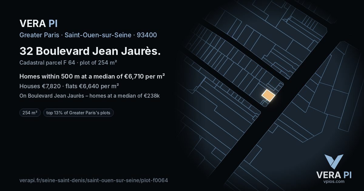 32 Boulevard Jean Jaurès, Saint-Ouen-sur-Seine at night – the plot lit, the parcels around coloured by the prices near them