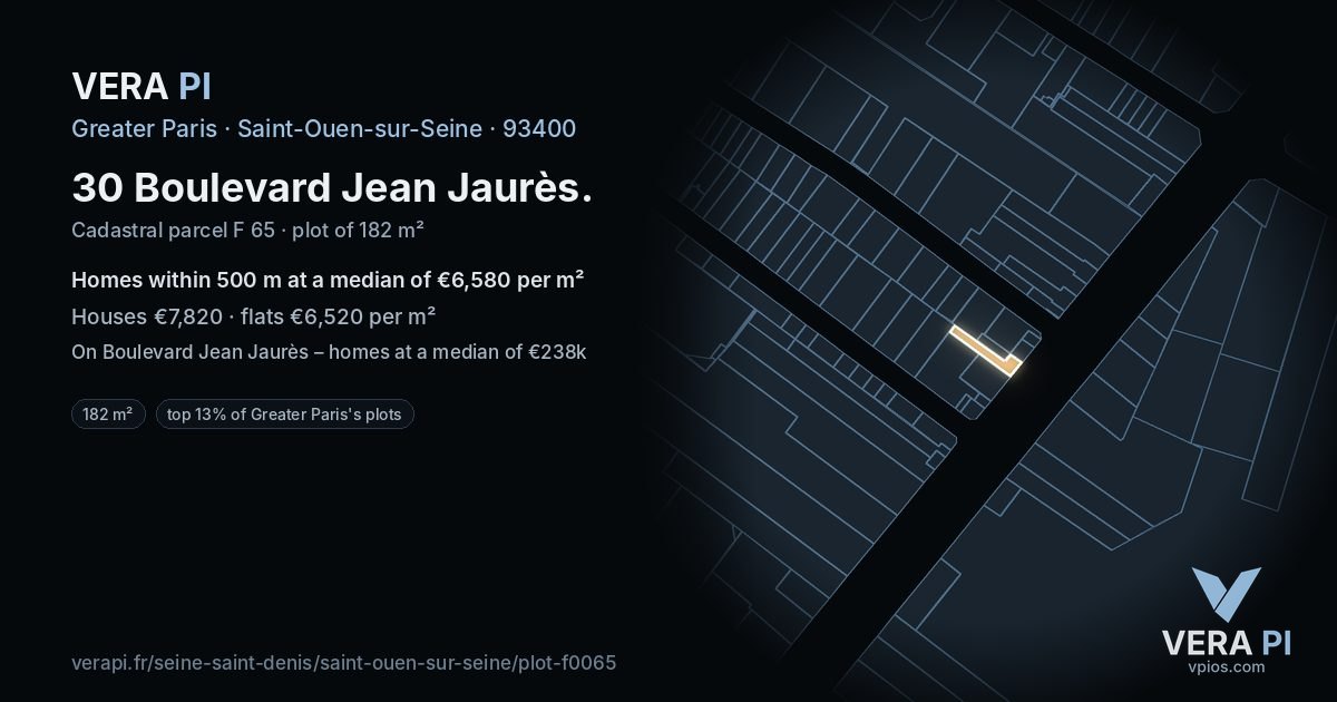 30 Boulevard Jean Jaurès, Saint-Ouen-sur-Seine at night – the plot lit, the parcels around coloured by the prices near them