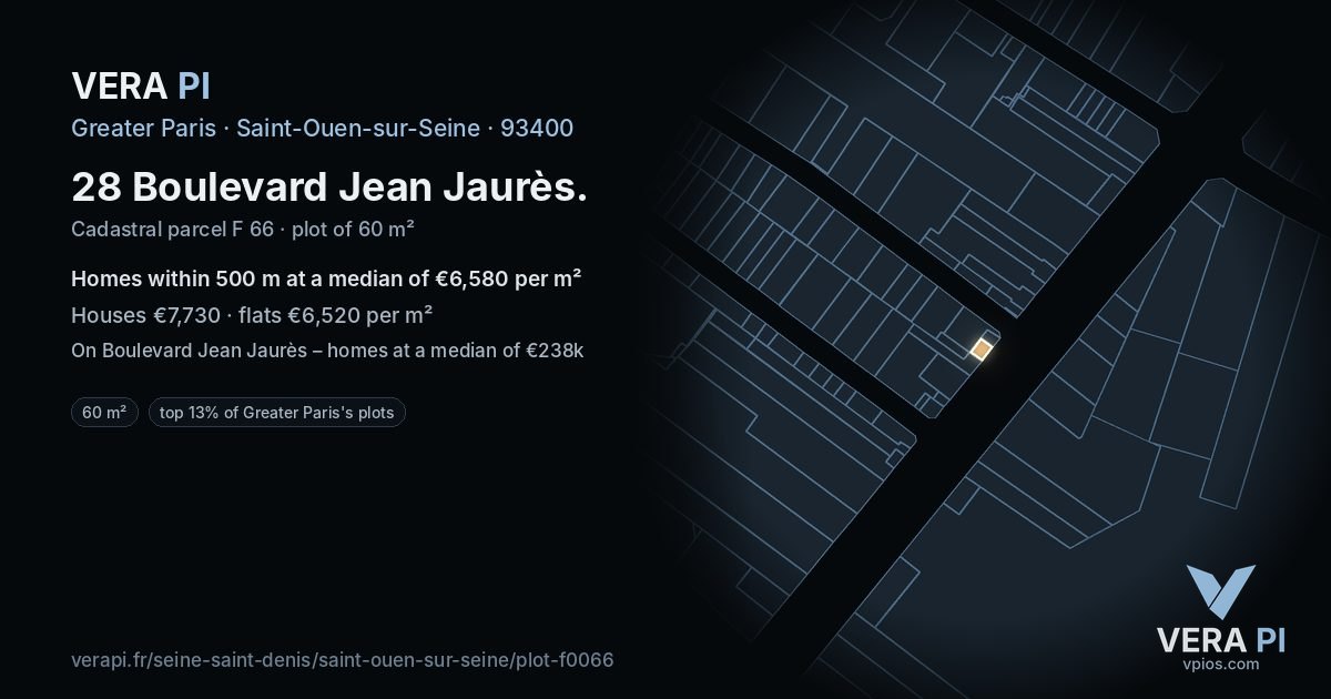 28 Boulevard Jean Jaurès, Saint-Ouen-sur-Seine at night – the plot lit, the parcels around coloured by the prices near them