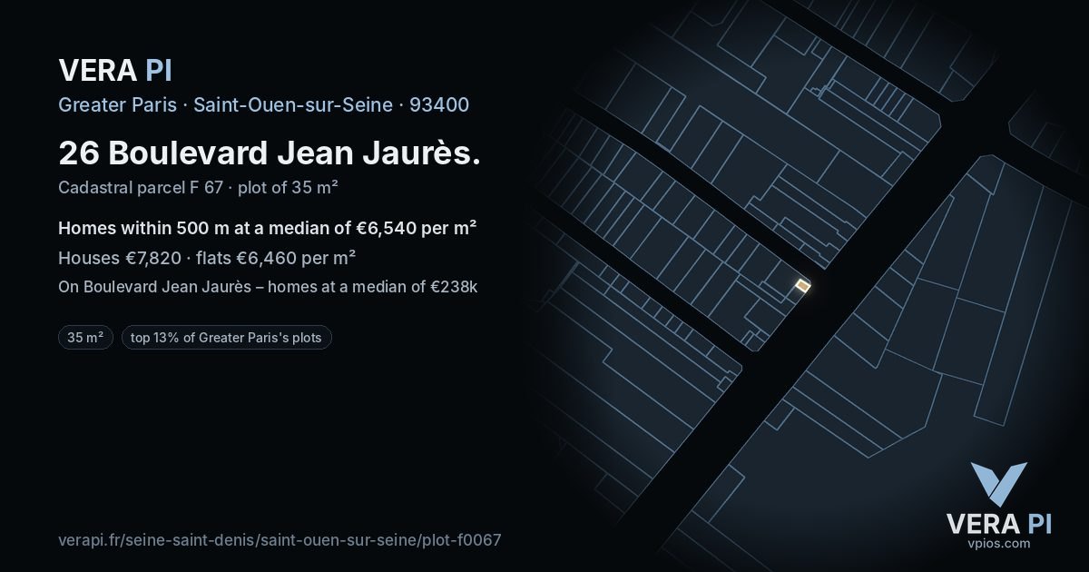 26 Boulevard Jean Jaurès, Saint-Ouen-sur-Seine at night – the plot lit, the parcels around coloured by the prices near them