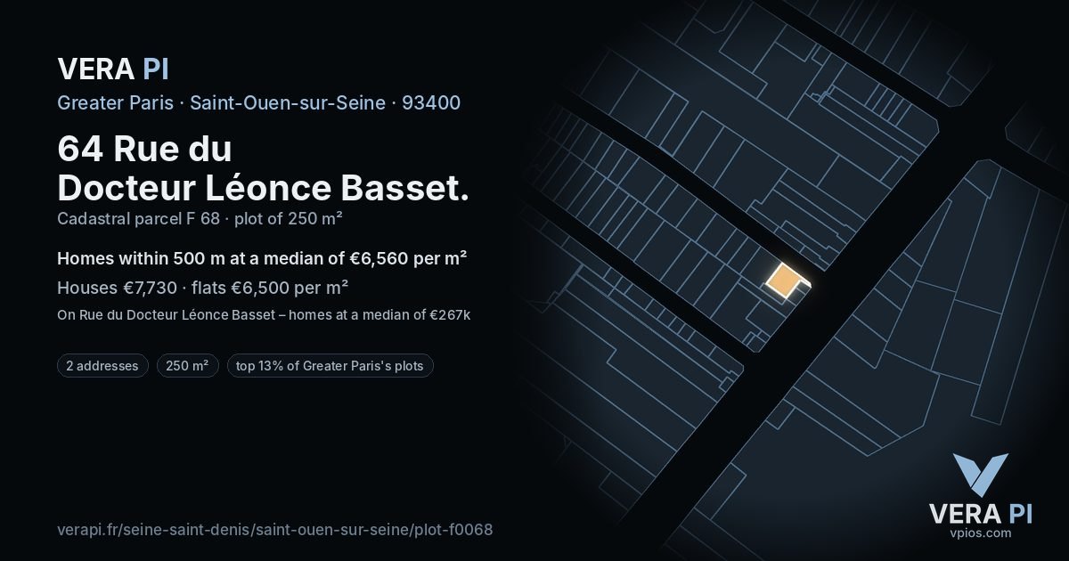 64 Rue du Docteur Léonce Basset, Saint-Ouen-sur-Seine at night – the plot lit, the parcels around coloured by the prices near them