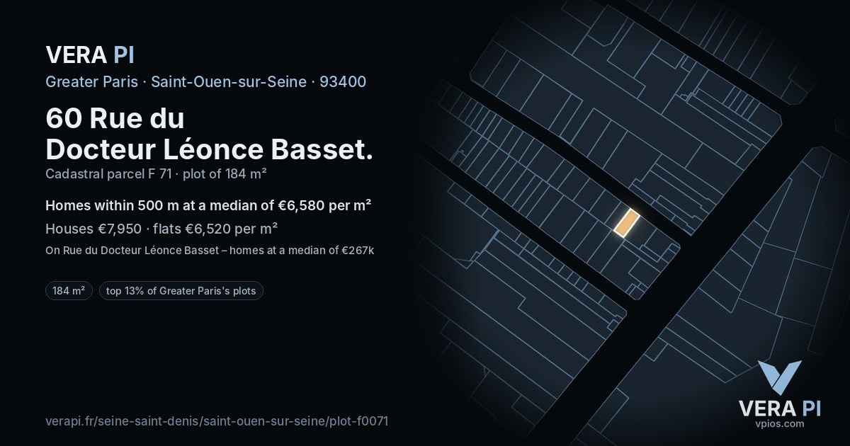 60 Rue du Docteur Léonce Basset, Saint-Ouen-sur-Seine at night – the plot lit, the parcels around coloured by the prices near them