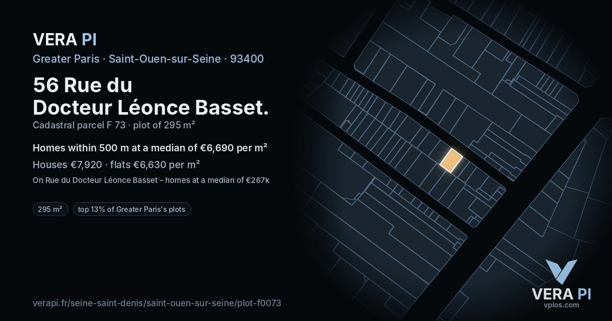 56 Rue du Docteur Léonce Basset, Saint-Ouen-sur-Seine at night – the plot lit, the parcels around coloured by the prices near them