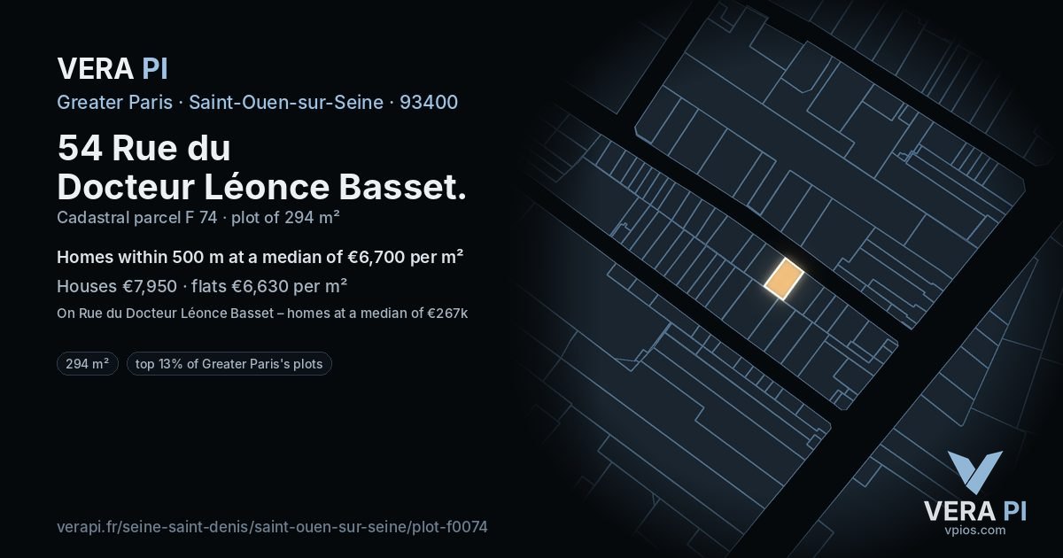 54 Rue du Docteur Léonce Basset, Saint-Ouen-sur-Seine at night – the plot lit, the parcels around coloured by the prices near them