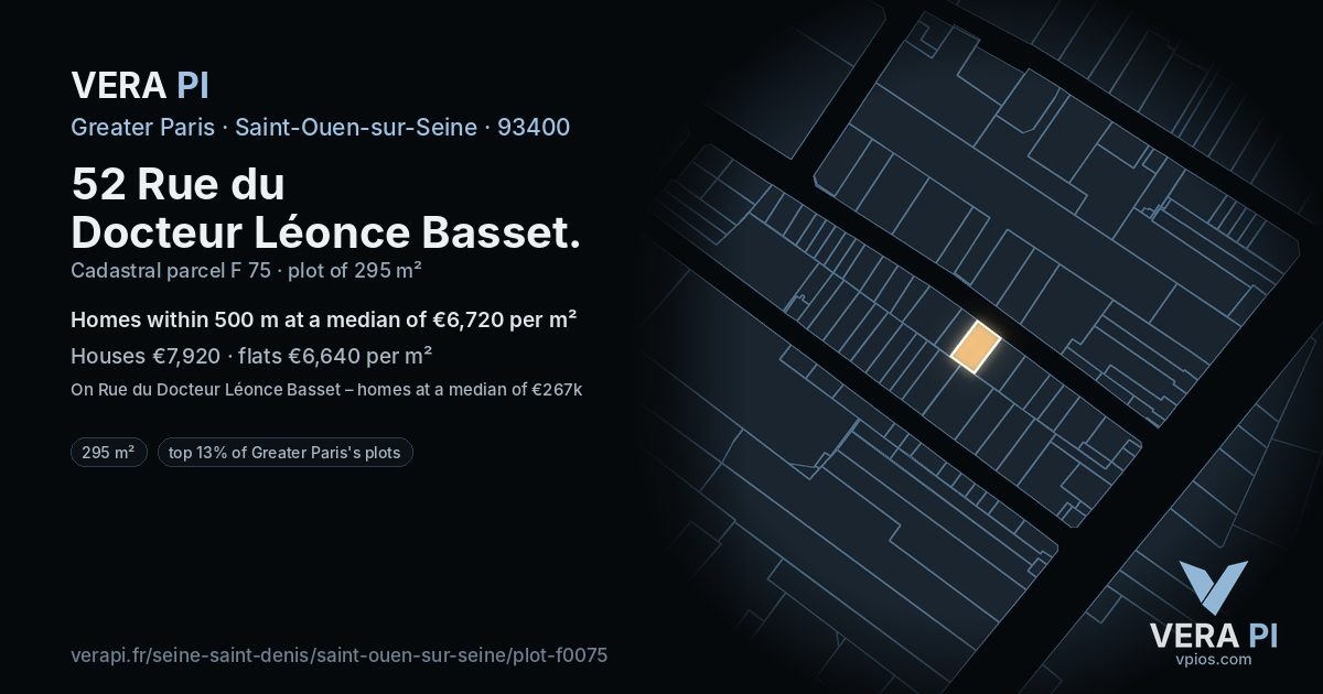 52 Rue du Docteur Léonce Basset, Saint-Ouen-sur-Seine at night – the plot lit, the parcels around coloured by the prices near them