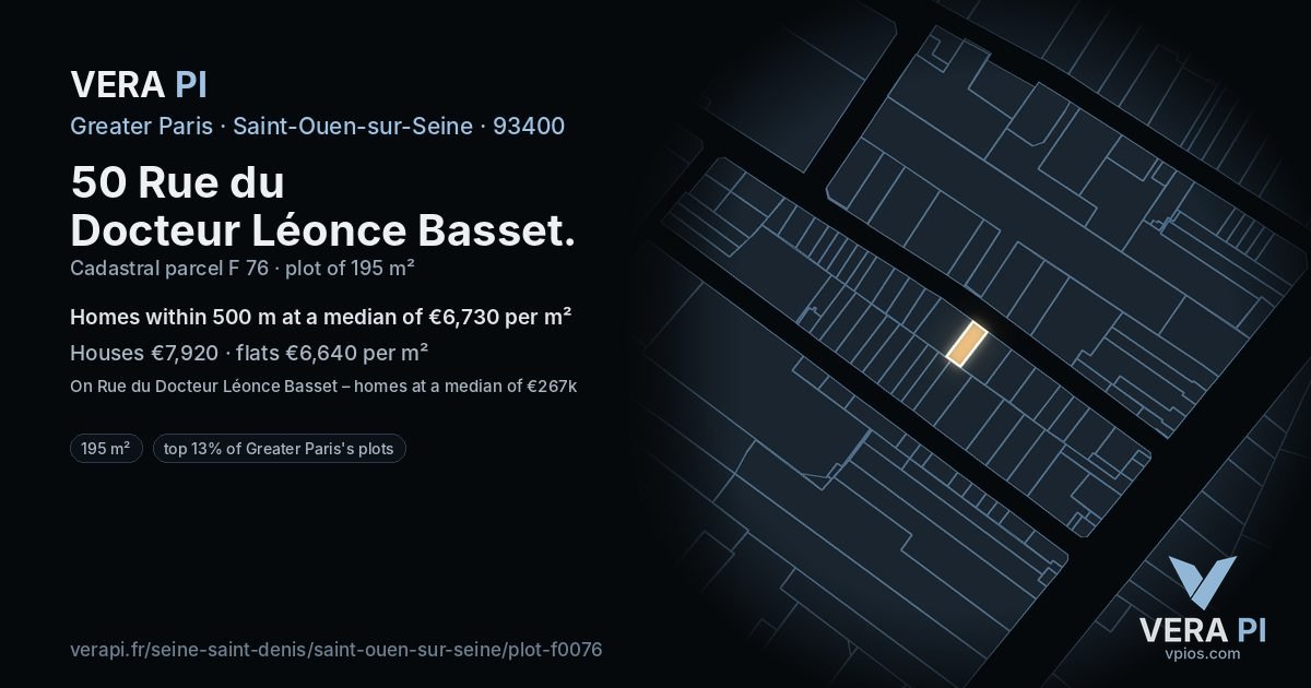 50 Rue du Docteur Léonce Basset, Saint-Ouen-sur-Seine at night – the plot lit, the parcels around coloured by the prices near them