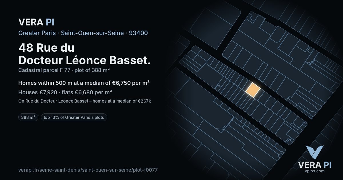 48 Rue du Docteur Léonce Basset, Saint-Ouen-sur-Seine at night – the plot lit, the parcels around coloured by the prices near them