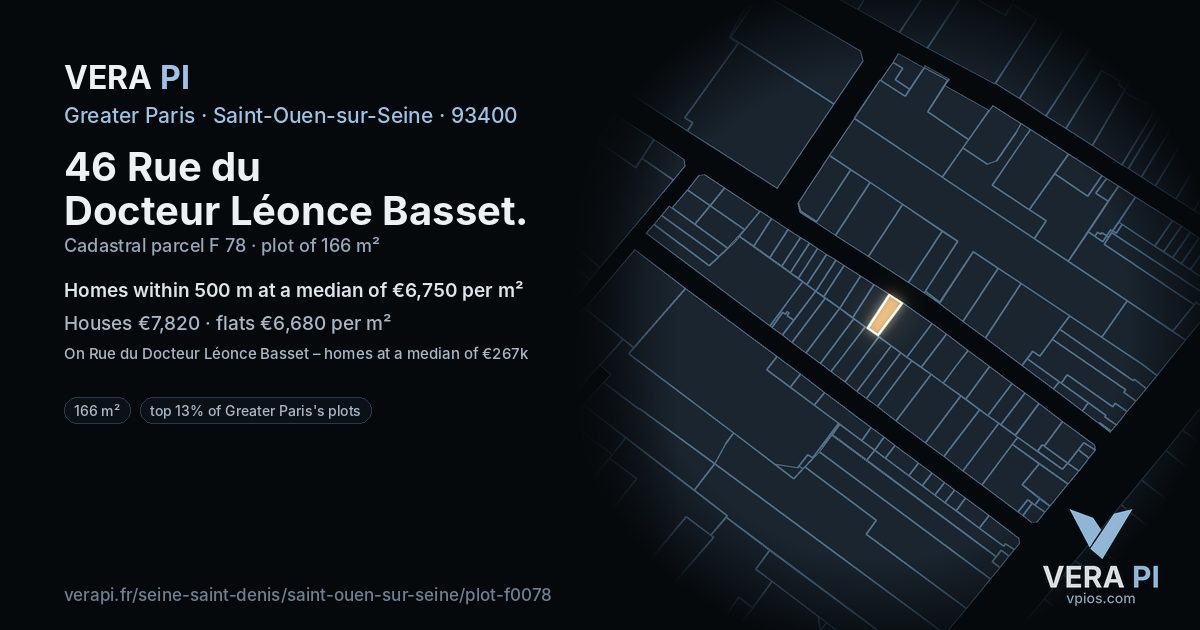 46 Rue du Docteur Léonce Basset, Saint-Ouen-sur-Seine at night – the plot lit, the parcels around coloured by the prices near them