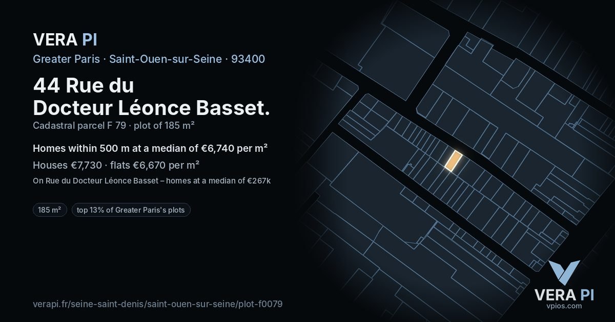 44 Rue du Docteur Léonce Basset, Saint-Ouen-sur-Seine at night – the plot lit, the parcels around coloured by the prices near them
