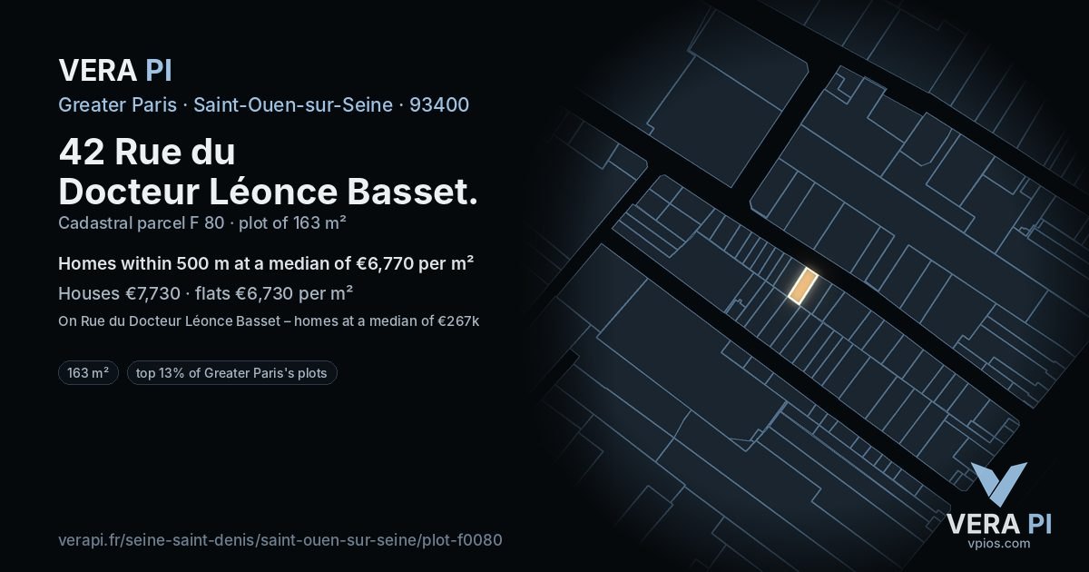 42 Rue du Docteur Léonce Basset, Saint-Ouen-sur-Seine at night – the plot lit, the parcels around coloured by the prices near them