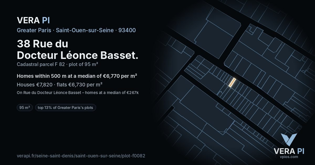 38 Rue du Docteur Léonce Basset, Saint-Ouen-sur-Seine at night – the plot lit, the parcels around coloured by the prices near them