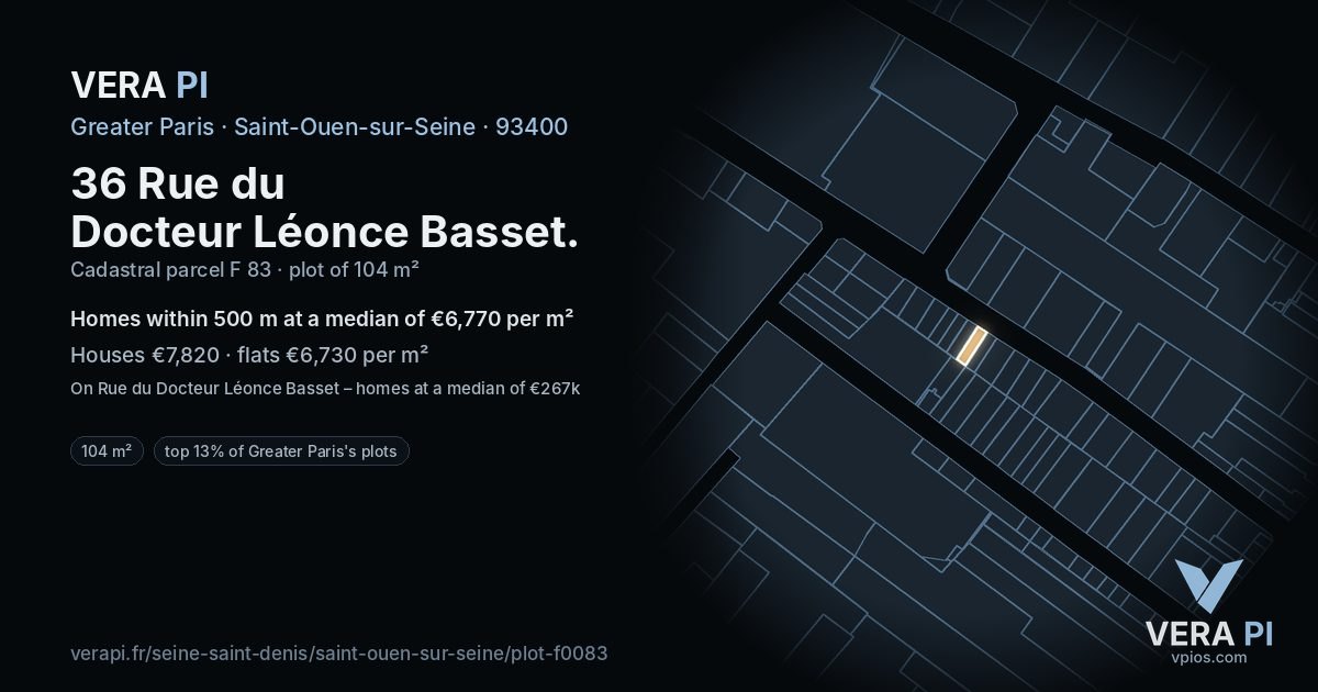 36 Rue du Docteur Léonce Basset, Saint-Ouen-sur-Seine at night – the plot lit, the parcels around coloured by the prices near them