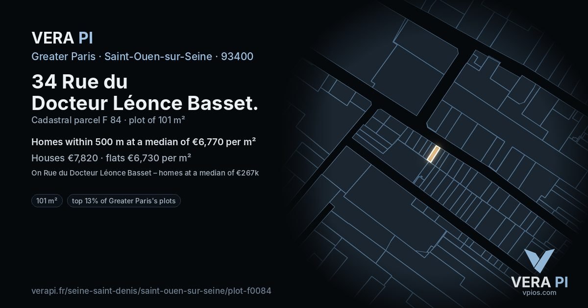 34 Rue du Docteur Léonce Basset, Saint-Ouen-sur-Seine at night – the plot lit, the parcels around coloured by the prices near them