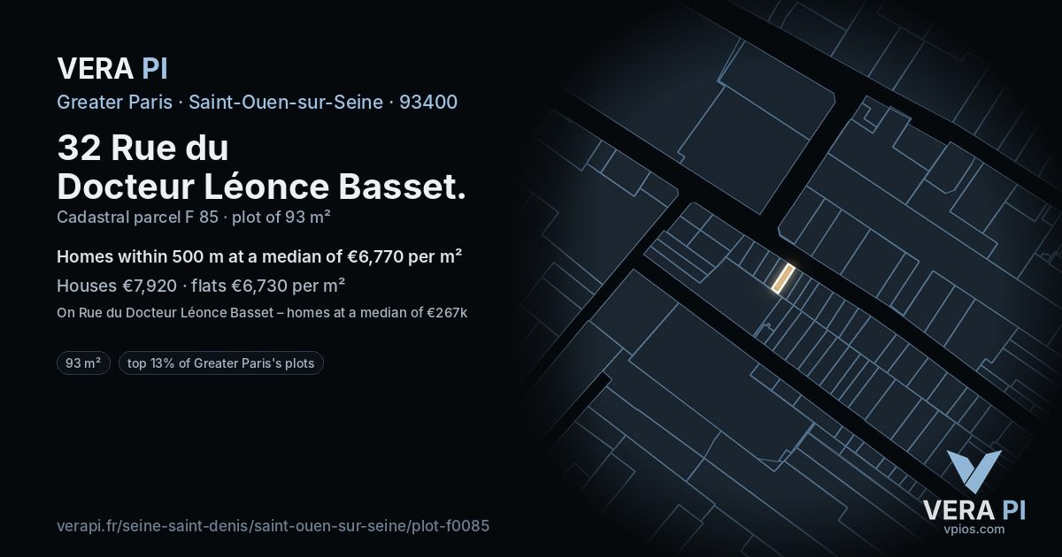 32 Rue du Docteur Léonce Basset, Saint-Ouen-sur-Seine at night – the plot lit, the parcels around coloured by the prices near them