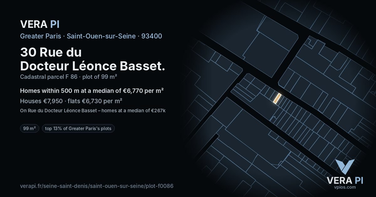 30 Rue du Docteur Léonce Basset, Saint-Ouen-sur-Seine at night – the plot lit, the parcels around coloured by the prices near them