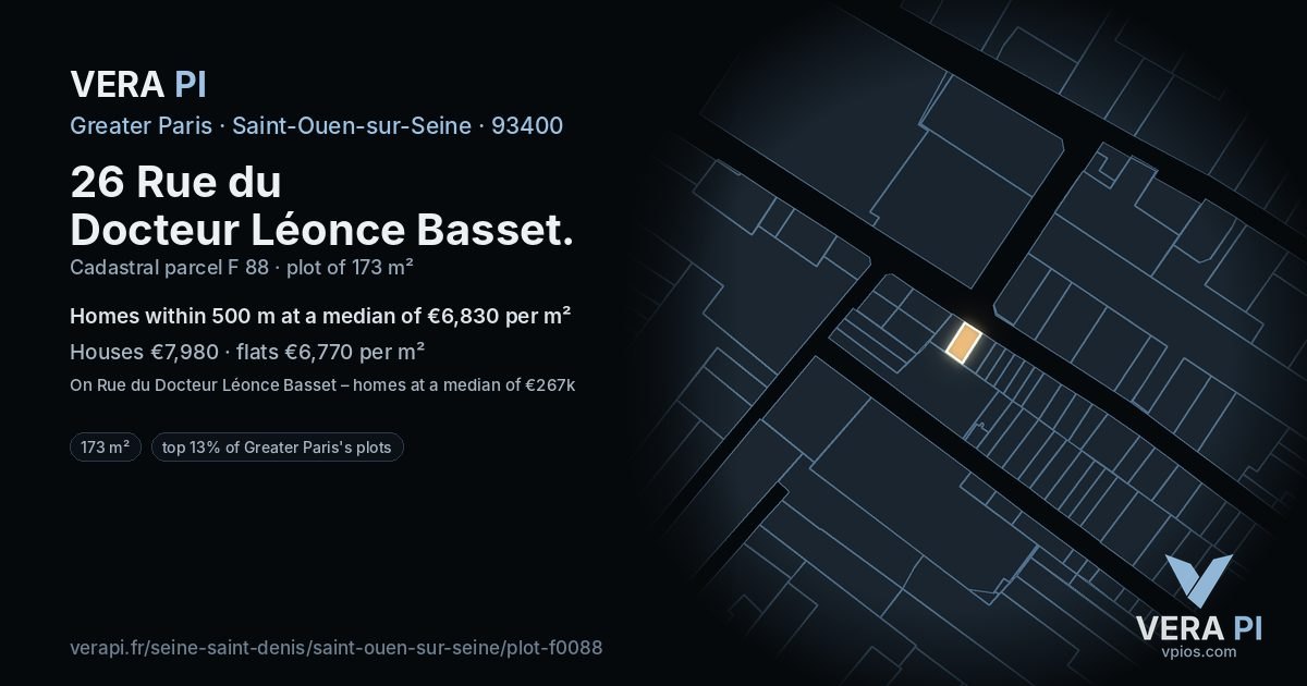 26 Rue du Docteur Léonce Basset, Saint-Ouen-sur-Seine at night – the plot lit, the parcels around coloured by the prices near them