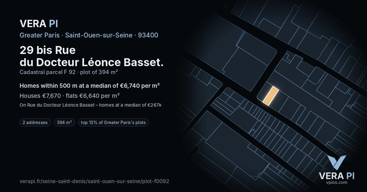 29 bis Rue du Docteur Léonce Basset, Saint-Ouen-sur-Seine at night – the plot lit, the parcels around coloured by the prices near them