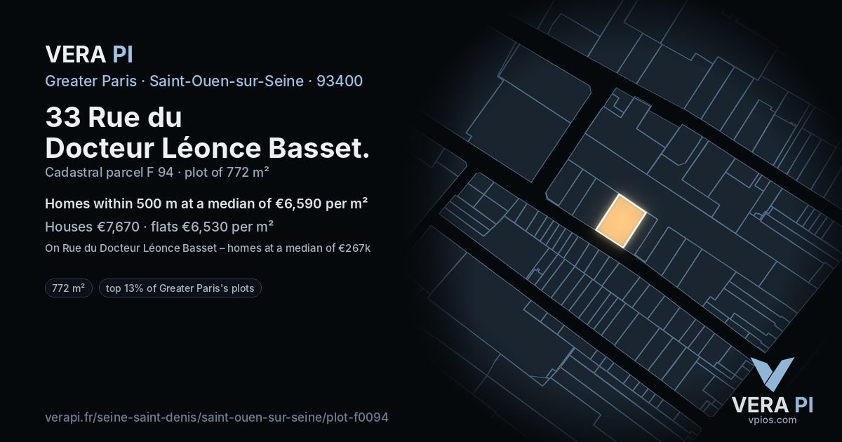 33 Rue du Docteur Léonce Basset, Saint-Ouen-sur-Seine at night – the plot lit, the parcels around coloured by the prices near them