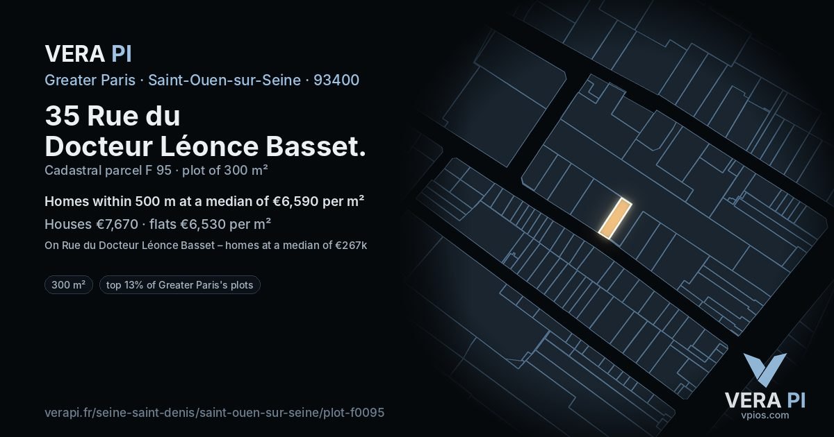 35 Rue du Docteur Léonce Basset, Saint-Ouen-sur-Seine at night – the plot lit, the parcels around coloured by the prices near them