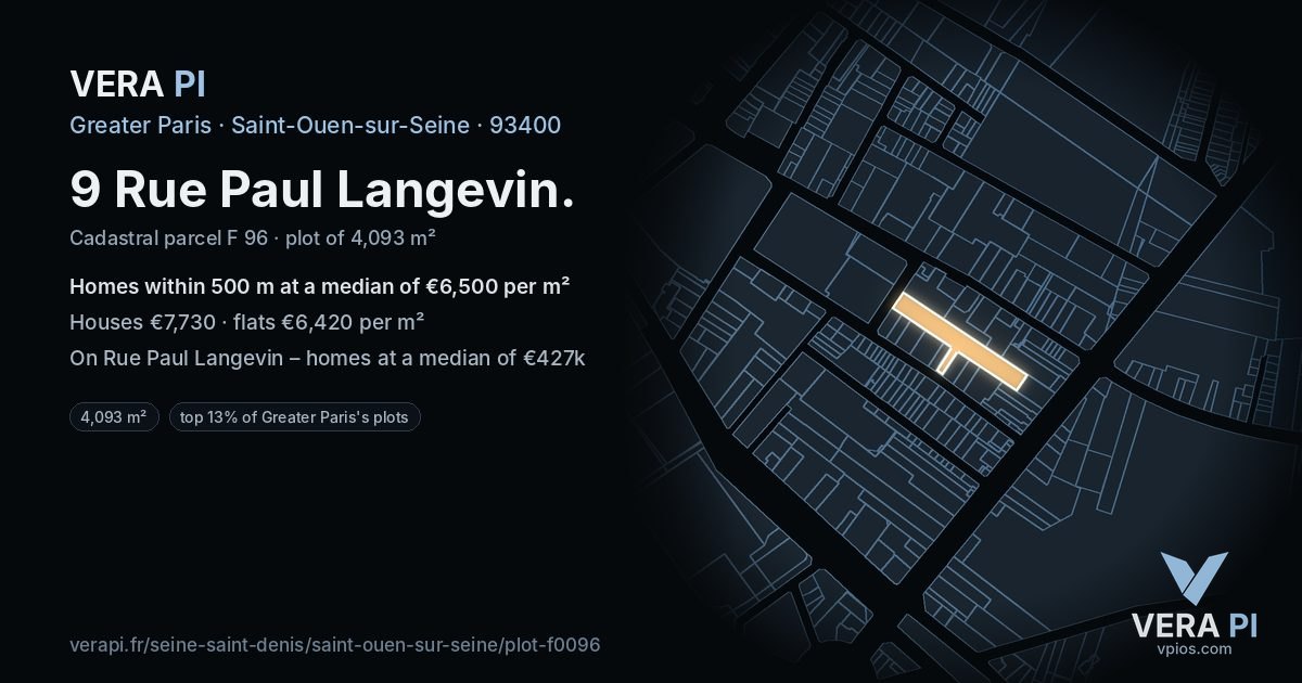 9 Rue Paul Langevin, Saint-Ouen-sur-Seine at night – the plot lit, the parcels around coloured by the prices near them