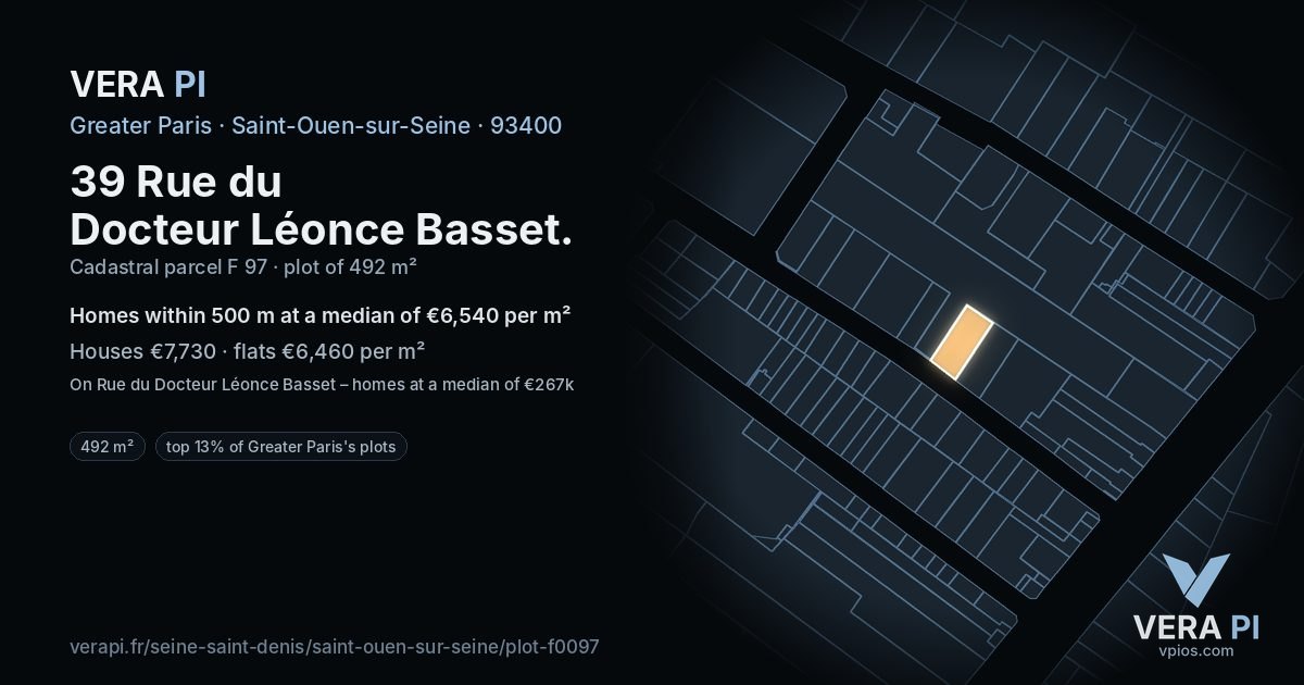 39 Rue du Docteur Léonce Basset, Saint-Ouen-sur-Seine at night – the plot lit, the parcels around coloured by the prices near them