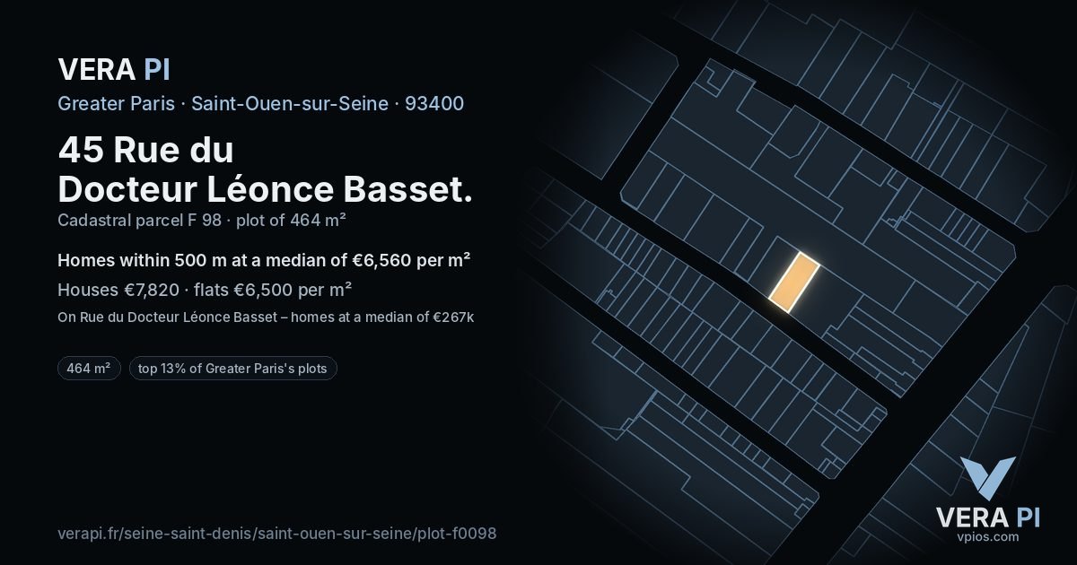 45 Rue du Docteur Léonce Basset, Saint-Ouen-sur-Seine at night – the plot lit, the parcels around coloured by the prices near them