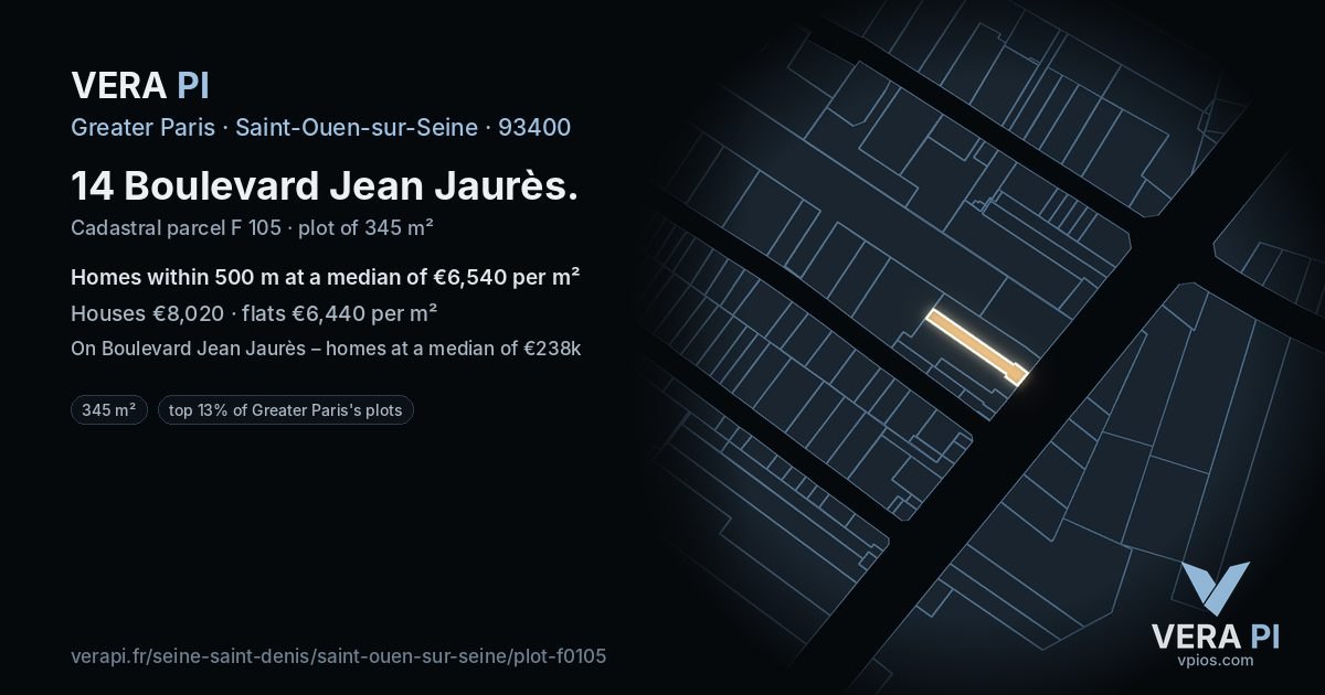 14 Boulevard Jean Jaurès, Saint-Ouen-sur-Seine at night – the plot lit, the parcels around coloured by the prices near them